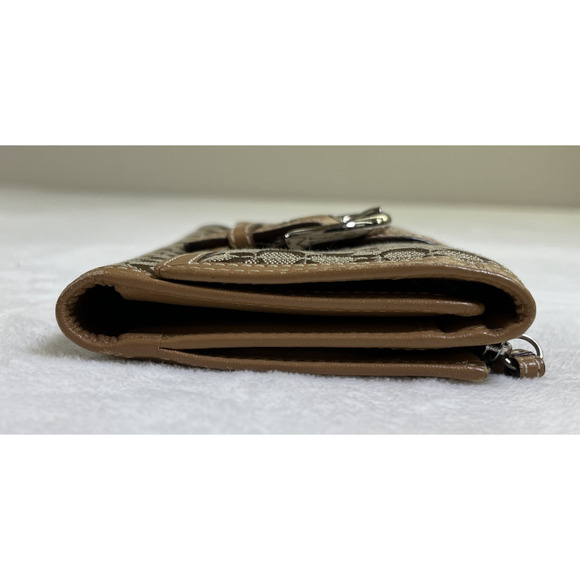 Coach C Signature Brown & Khaki Canvas & Leather Bifold Wallet w/Buckle & Chkbk - Picture 9 of 16